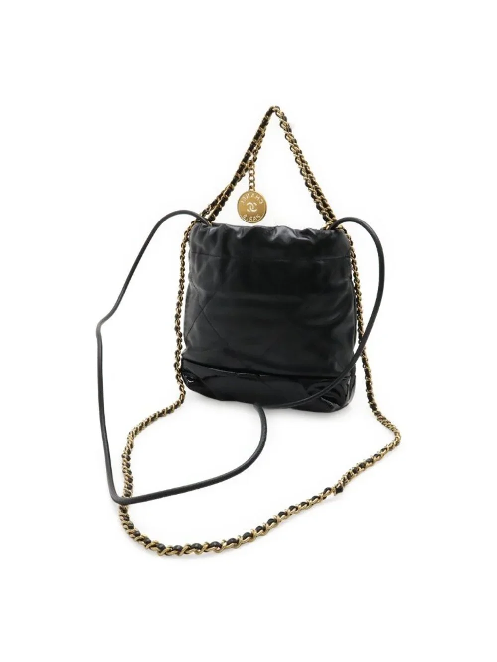 Chanel 22 Shoulder Bag Chain Drawstring Patent Leather Black Gold